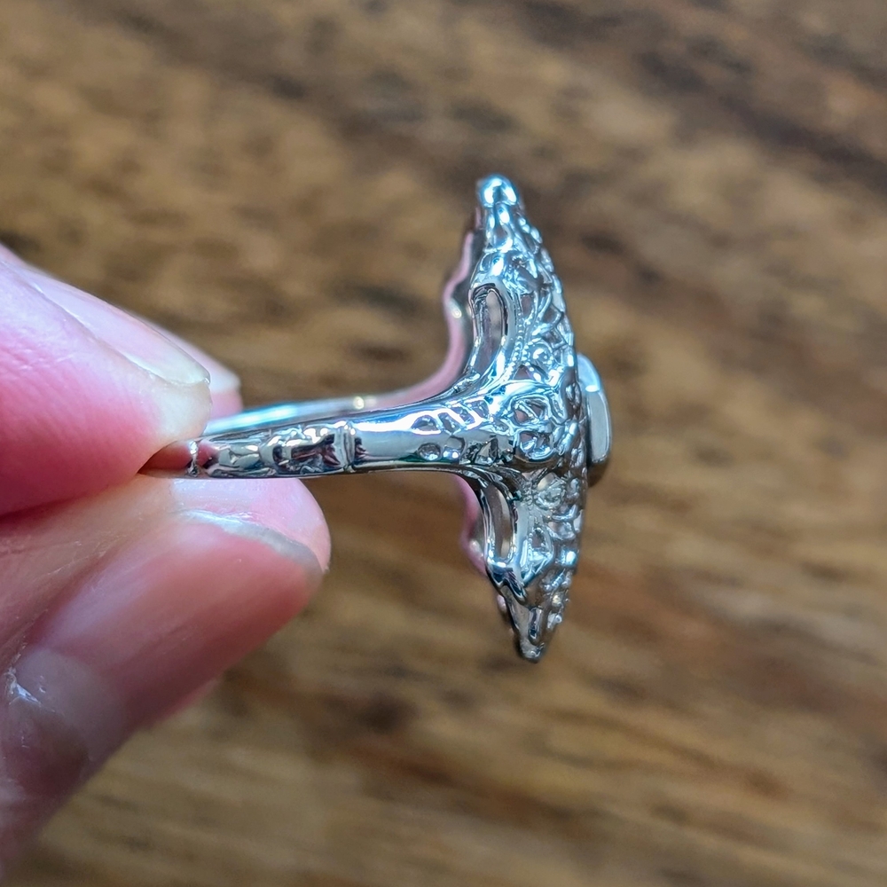 Art Deco Inspired Diamond Filigree Cocktail Ring in 14k White Gold Size 4 - Picture 5 of 6